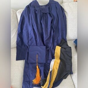 Navy Graduation Gown with Gold Tassel and Black/Gold Stole